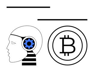 Profile of human head with blue gear symbolizing AI next to Bitcoin logo. Ideal for technology, innovation, cryptocurrency, machine learning, finance, robotics, digital economy. Flat simple metaphor