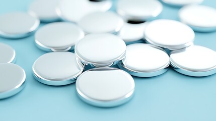 Shiny round metal discs on light blue background