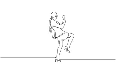 Single continuous line drawing happy businesswoman jump with folds one leg and raises one hand, Simple hand drawn style design for business illustration and concept.