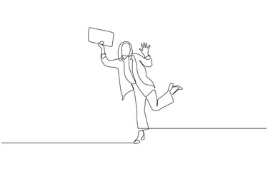 Single continuous line drawing happy businesswoman jump with folds one leg and raises one hand, Simple hand drawn style design for business illustration and concept.