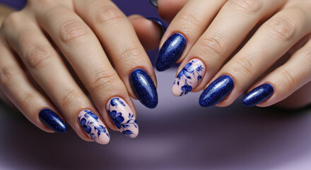 Blue Sparkle Floral Nails: Chic Nail Art Design, Manicure Inspiration, Trendy Nail Polish Colors, Elegant Woman Style
