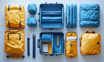 Organized Travel Concept With Blue And Yellow Luggage On A White Background