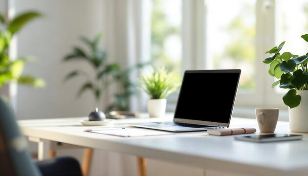 Laptop Workspace Minimalist Setup: A clean, bright workspace features a laptop with a blank screen, surrounded by potted plants and essential office supplies on a minimalist white desk near a window.