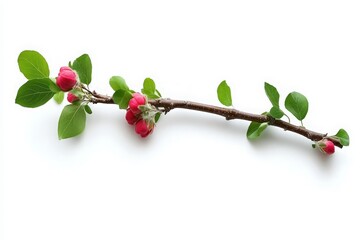 A delicate branch adorned with pink apple blossoms and fresh green leaves, elegantly displayed against a clean white background, ideal for nature-themed designs or floral arrangements