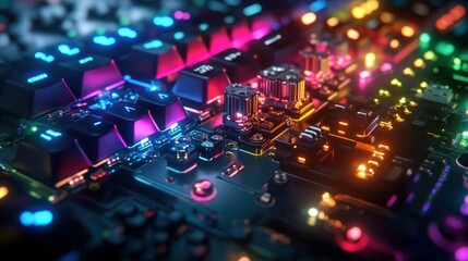 A modern illuminated keyboard sits on a circuit board background