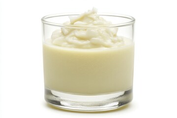 A creamy dessert served in a clear glass, showcasing a smooth, rich texture, with a light reflection highlighting its freshness, ideal for culinary presentations and food photography