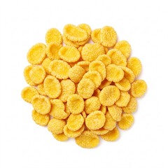 Golden corn flakes scattered on white background