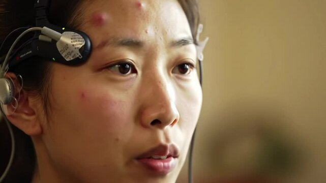 A woman participates in an experiment using advanced equipment to monitor brain activity. This research aims to improve cognitive abilities and understand neural responses in real time.