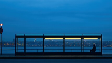A lone person is waiting at the bus stop at twilight