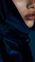 Moody Close-Up of Aura Indigo Velvet with Model Resting Chin on Shoulder

