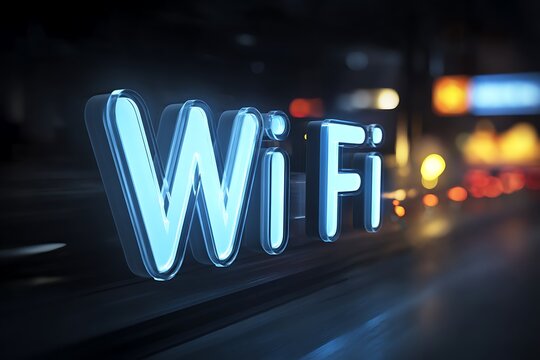 The next generation Wi-Fi network is symbolized by illuminated text, showcasing high-speed wireless technology.