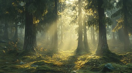Naklejka premium Sunlit forest path mystical green mossy trees sunlight beams art calm dark leaf woods image photo
