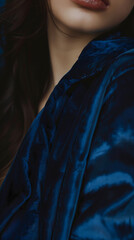 Moody Close-Up of Aura Indigo Velvet with Model Resting Chin on Shoulder

