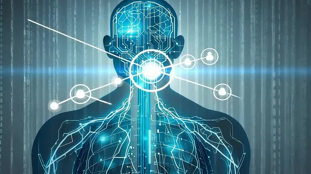Futuristic human anatomy with digital circuits and glowing elements against a binary code background
