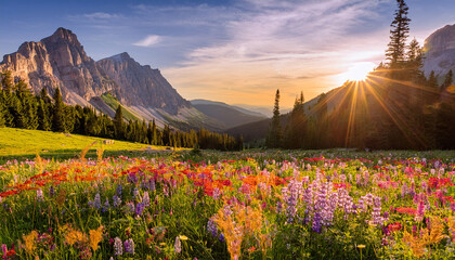 a stunning alpine meadow filled with vibrant wildflowers framed by dramatic rocky peaks and lush green forests under a radiant golden sunlit sky