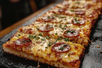 Delicious pizza slices on a dark board