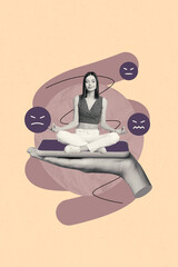 Poster collage of person sit device screen on orange background with anger emotions