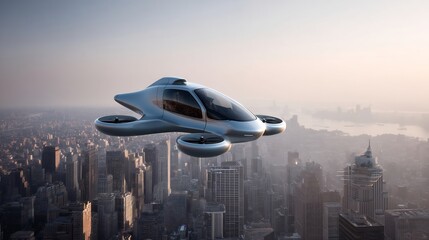 Fototapeta premium Futuristic aerial vehicle over city skyline depicting advanced urban mobility
