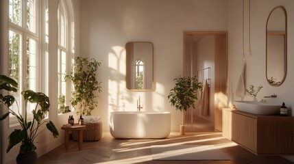 Fototapeta premium A modern luxury bathroom interior with natural light and plants