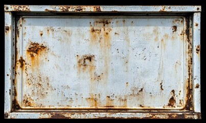 A plank's gray metal surface, framed and worn, appears dirty and rusty against a blank background