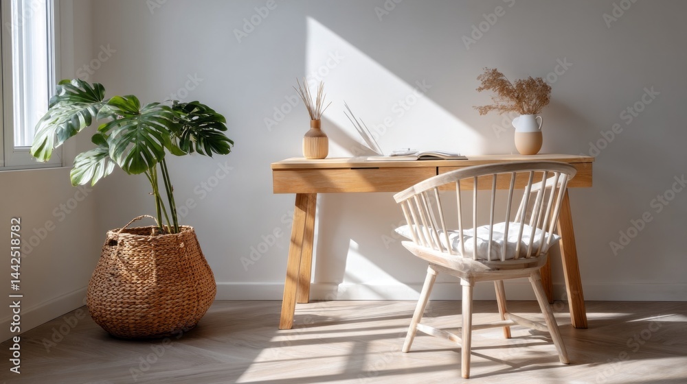 Poster soft sunlight filters through a window, illuminating a minimalist wooden desk adorned with a potted 