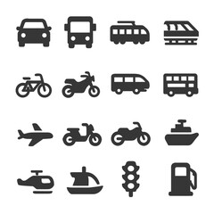 Set of black transportation icons including car, bus, tram, train, bicycle, motorcycle, van, double-decker bus, airplane, scooter, helicopter, sailboat, ship, traffic light, and fuel pump black silhou