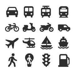 Set of black transportation icons including car, subway, tram, train, bicycle, scooter, motorcycle, van, airplane, helicopter, sailboat, cruise ship, pedestrian, hot air balloon, traffic light, and fu