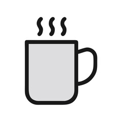 Simple graphic of a steaming hot coffee mug. A stylized, flat icon of a coffee mug filled with hot beverage, emitting steam.