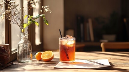 A refreshing iced drink with orange slices sits on a sunlit wooden table beside a notepad, pen, and a vase with flowers near a window.