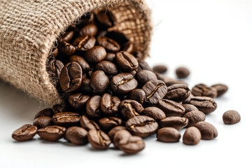 Fototapeta premium Isolated roasted whole coffee beans spilling from burlap bag on clean white surface close-up view natural light capturing the essence of freshness and aroma