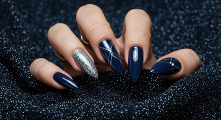 Dark Glam Nails: Navy, Silver Glitter, & Rhinestone Art - Stunning Stiletto Manicure Inspiration for Fall & Winter