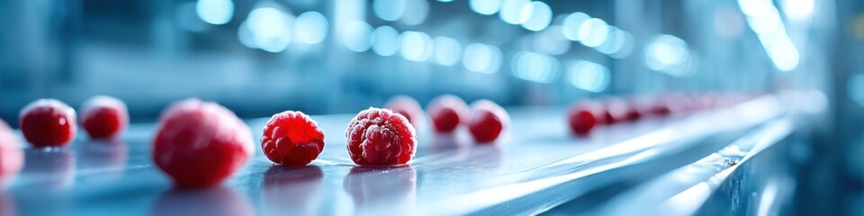Dynamic view of frozen berry production in a bright factory environment showcasing berries being prepared