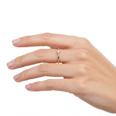 Hand with diamond flower ring, isolated on white background.