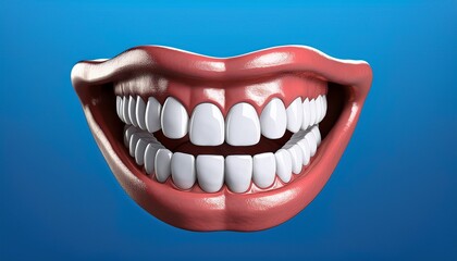 Naklejka premium Dentistry concept illustration - 3d rendering of white teeth denture mouth, isolated on blue background