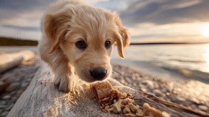Puppy jumping up to catch delicious dry dog food concept. Adorable golden puppy exploring nature by the water's edge.