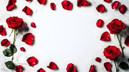 Romantic Red Roses and Petals Frame White Background