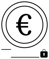Circular euro coin symbol paired with a lock icon. Ideal for finance, banking, security, savings, encrypted transactions, data protection, privacy. Minimalist flat simple metaphor