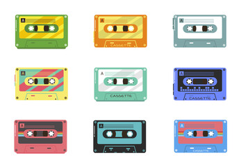 png vintage tape cassette with colourful retro style and analog player for music mix 80s sound equipment isolated on white background for media entertainment studio audio disco and rock illustration

