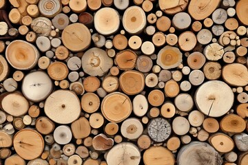 A pile of natural log round teak wood tree stump texture serves as a background pattern for interior wall decoration