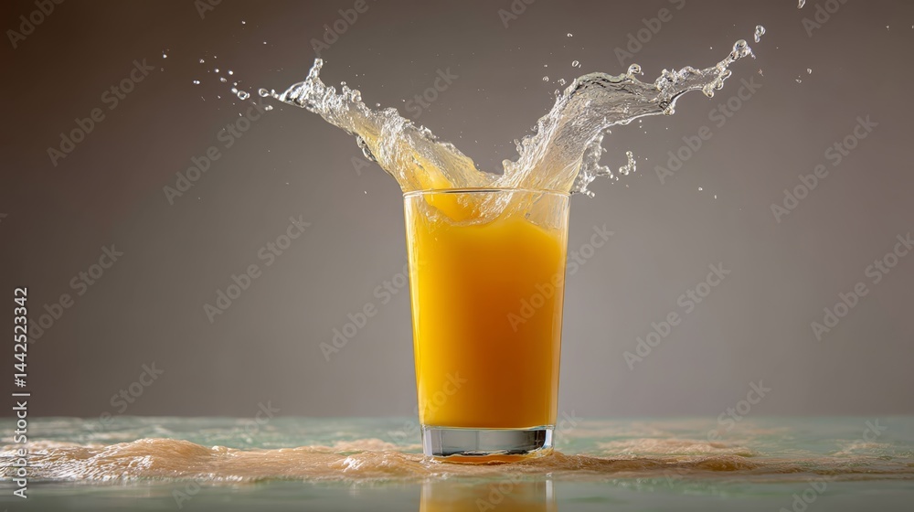 Fototapete A close-up shot captures golden liquid splashing into a clear glass. Frothy bubbles and dynamic patterns convey a sense of refreshment and vitality