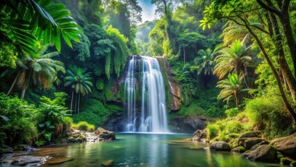A serene and peaceful majestic natural waterfall surrounded by lush greenery in a dense tropical forest with tall trees and exotic plants , nature, forest