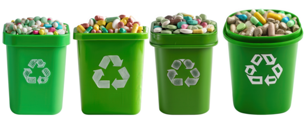 Recycling Bins Containing Assorted Medications isolated on a transparent background