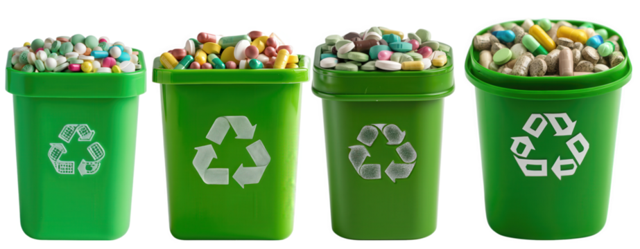 Recycling Bins Containing Assorted Medications isolated on a transparent background