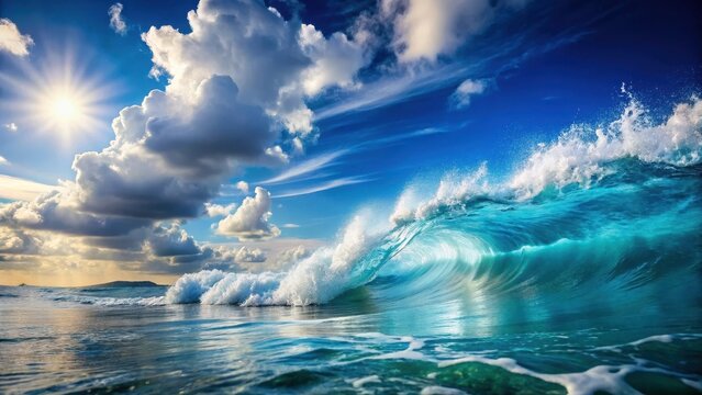 Ocean wave with foam and bubbles in the background, serene blue sky with fluffy white clouds , blue sky, natural,  blue sky, natural - Powered by Adobe