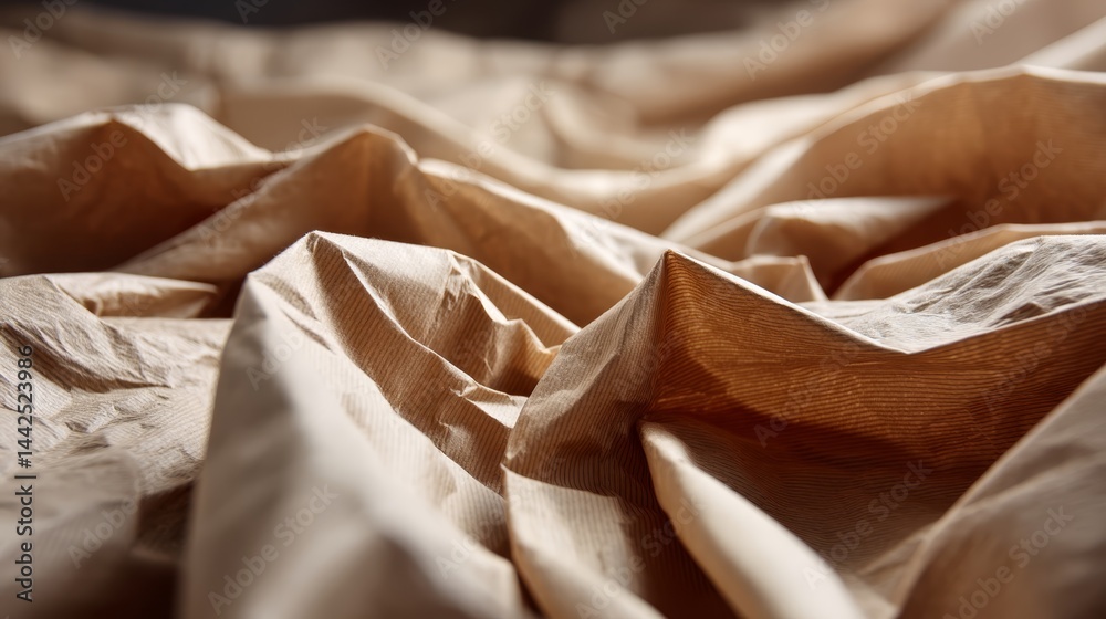 Poster detailed texture of warm beige craft paper is captured in a close-up shot, exposing gentle wrinkles 