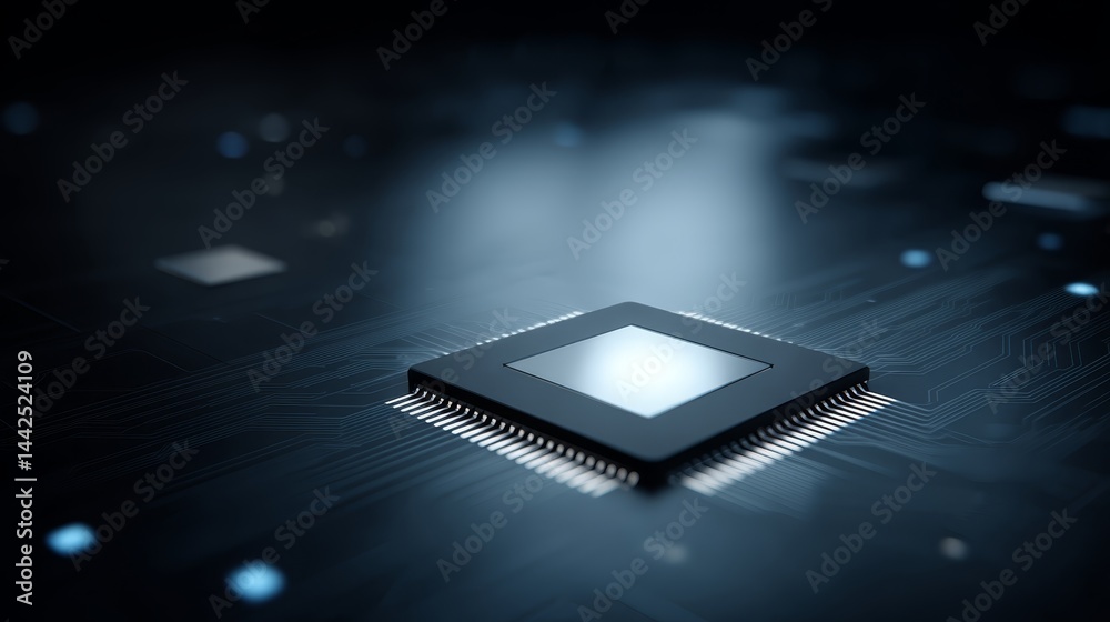 Poster Close-up of a microchip with glowing blue circuits, highlighting advanced tech against a dark background, with space for more content
