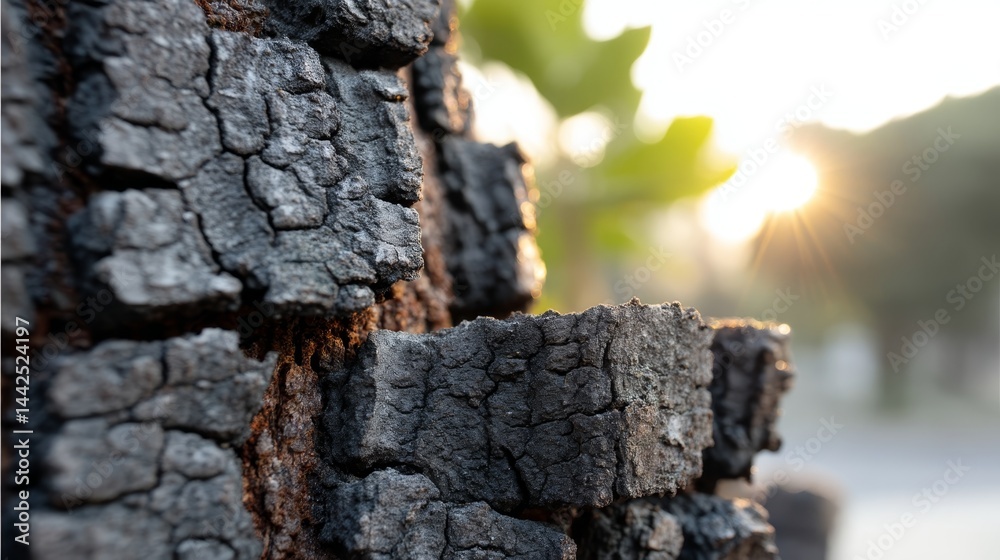 Poster weathered dark oak bark displays intricate natural patterns under soft sunlight, highlighting rough 
