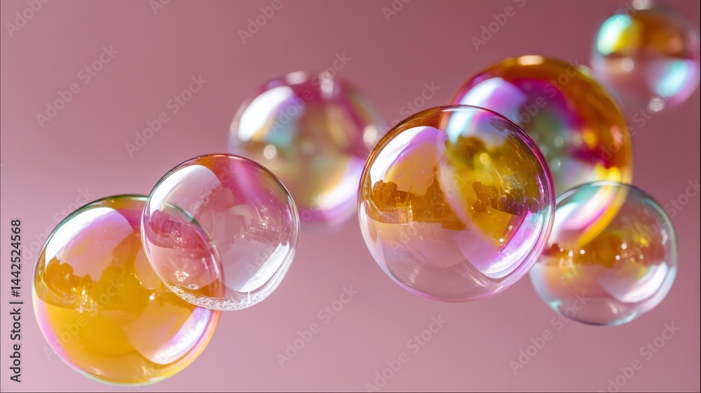 Fototapete Iridescent bubbles float gracefully, reflecting soft pastel colors under gentle light, creating a sense of playfulness and lightness in the composition