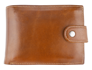 Brown men's leather wallet isolated on a transparent background. Completely in focus. Full depth of field. PNG.