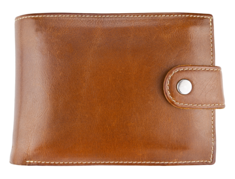 Brown men's leather wallet isolated on a transparent background. Completely in focus. Full depth of field. PNG.